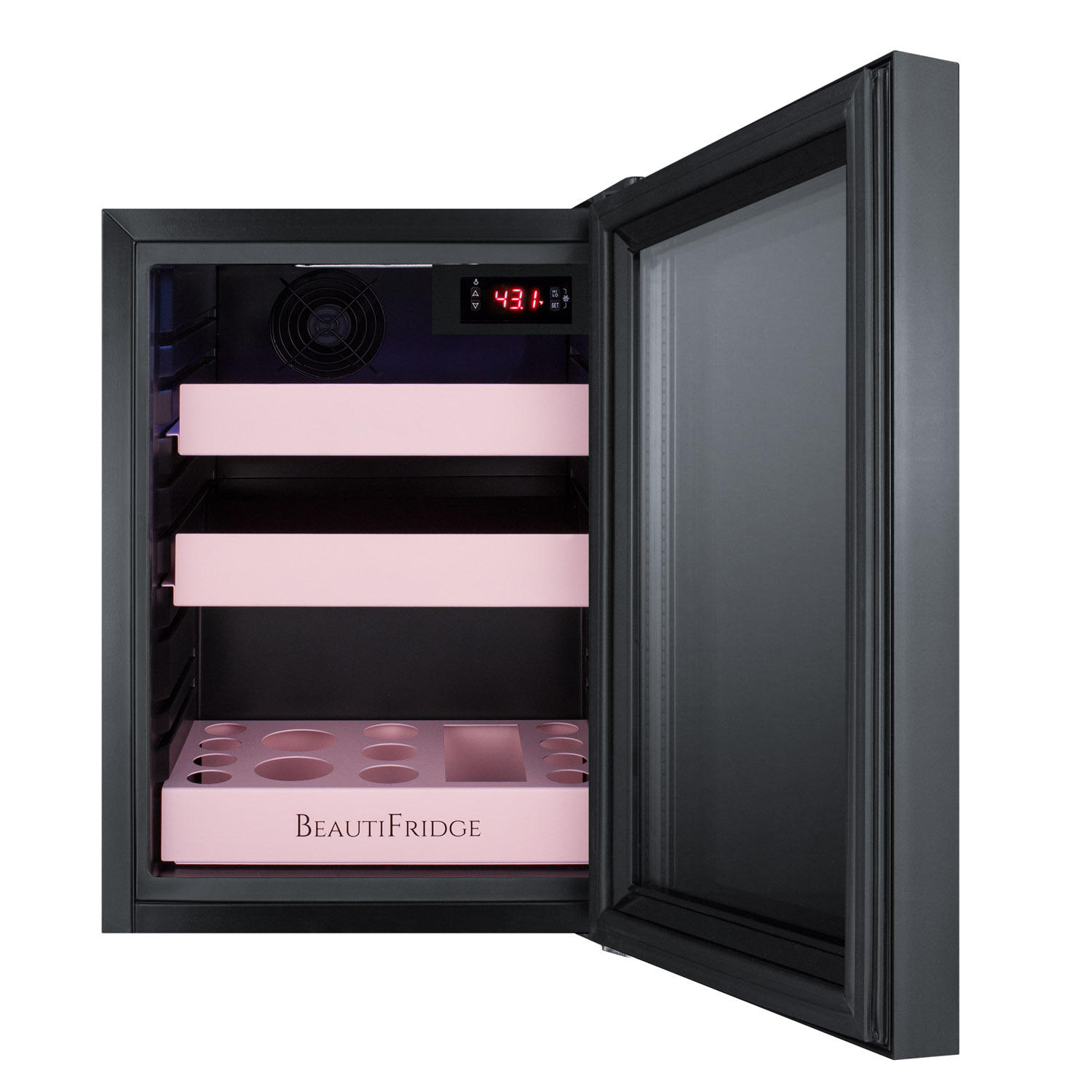 BeautiFridge compact cosmetics cooler with mirror-tinted glass door, black cabinet, lock, matte blush pink shelves, and digital controls set for the storage of beauty products